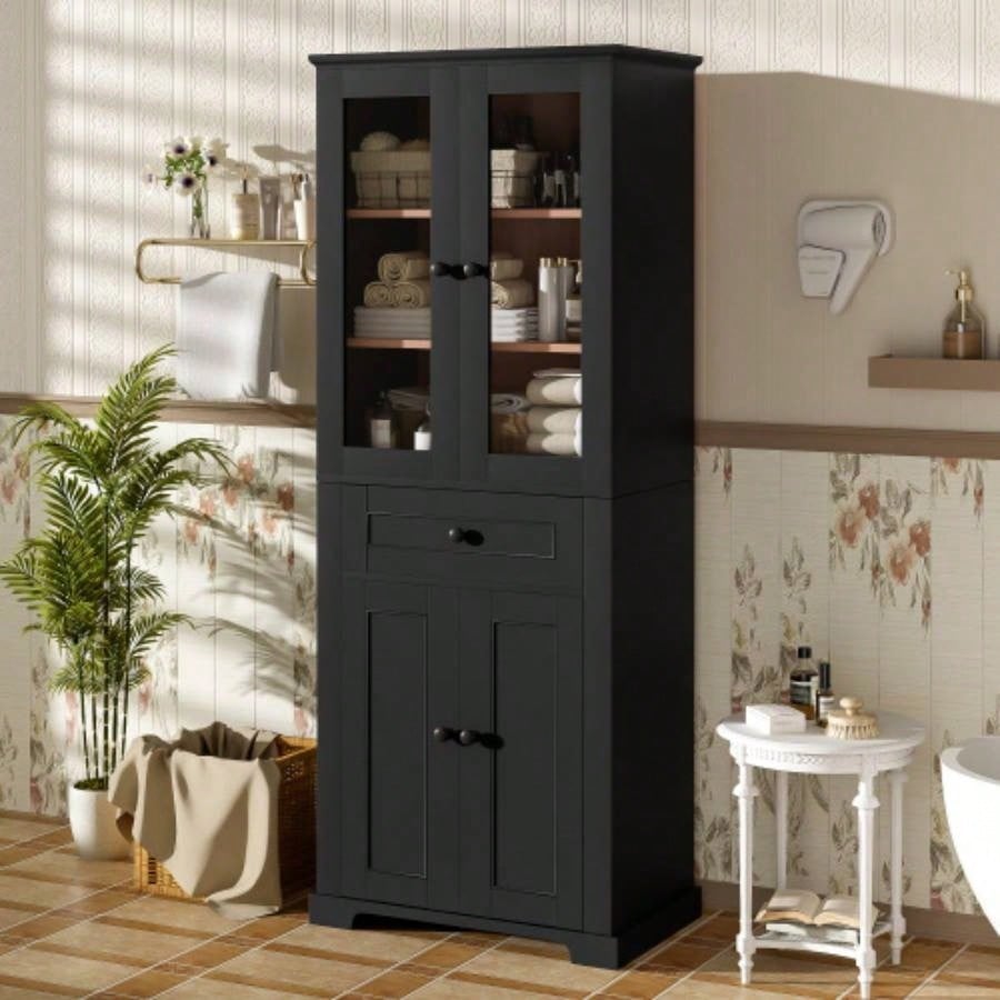 67.2 Tall Bathroom Storage Cabinet with Tempered Glass Doors, Adjustable Shelves Drawer - Modern Freestanding Linen Tower, Soft - Close Design