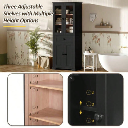 67.2 Tall Bathroom Storage Cabinet with Tempered Glass Doors, Adjustable Shelves Drawer - Modern Freestanding Linen Tower, Soft - Close Design