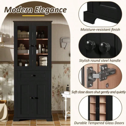67.2 Tall Bathroom Storage Cabinet with Tempered Glass Doors, Adjustable Shelves Drawer - Modern Freestanding Linen Tower, Soft - Close Design