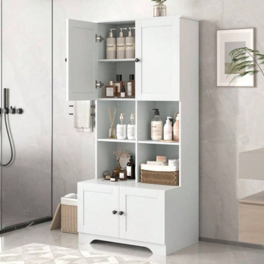 Tall and Wide Bathroom Floor Storage Cabinet, Bathroom Storage Unit, Freestanding Cabinet with 4 Doors, Adjustable Shelves, Open multi - layer Shelves, White