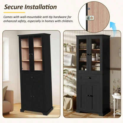 67.2 Tall Bathroom Storage Cabinet with Tempered Glass Doors, Adjustable Shelves Drawer - Modern Freestanding Linen Tower, Soft - Close Design