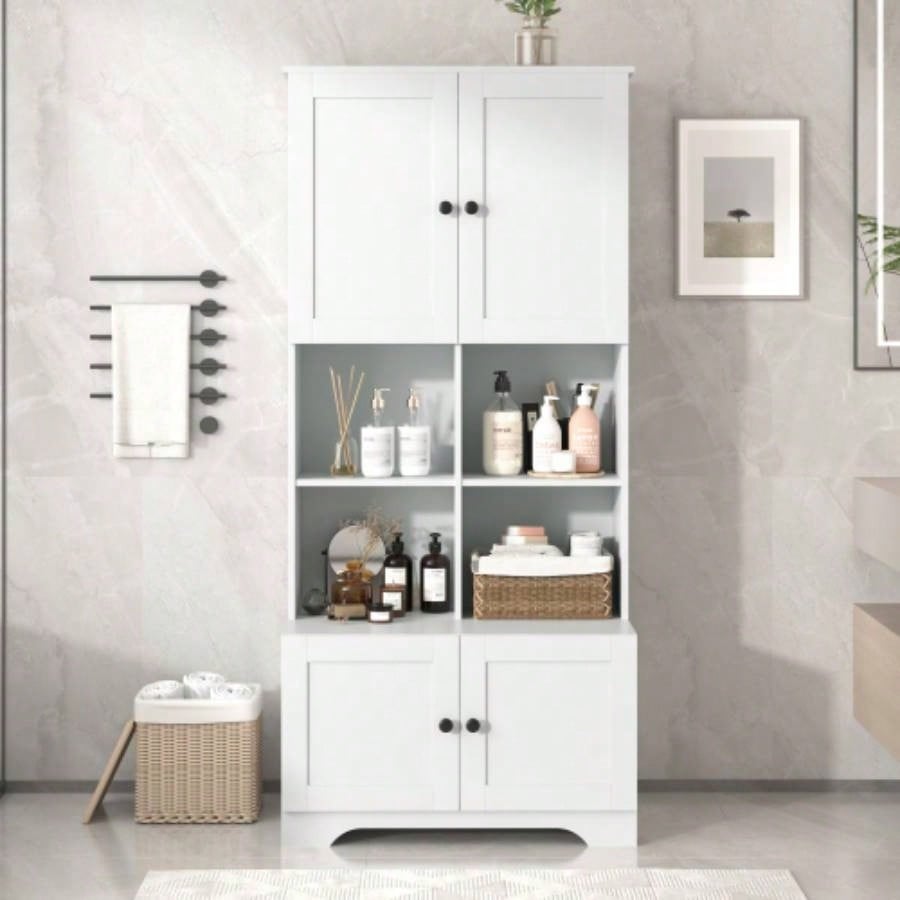 Tall and Wide Bathroom Floor Storage Cabinet, Bathroom Storage Unit, Freestanding Cabinet with 4 Doors, Adjustable Shelves, Open multi - layer Shelves, White