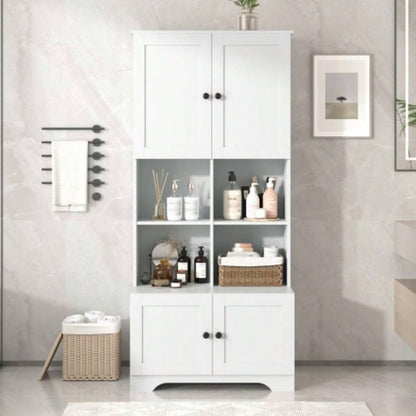 Tall and Wide Bathroom Floor Storage Cabinet, Bathroom Storage Unit, Freestanding Cabinet with 4 Doors, Adjustable Shelves, Open multi - layer Shelves, White