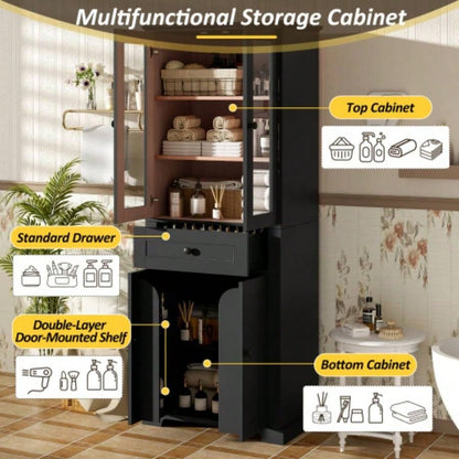 67.2 Tall Bathroom Storage Cabinet with Tempered Glass Doors, Adjustable Shelves Drawer - Modern Freestanding Linen Tower, Soft - Close Design