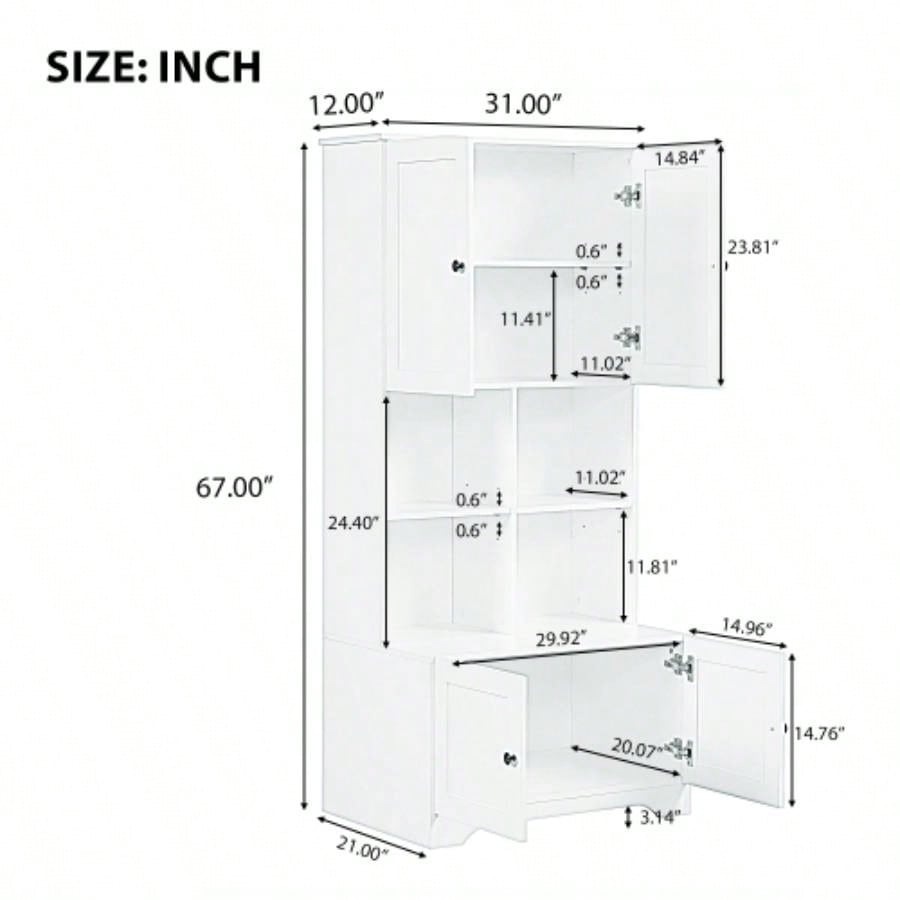 Tall and Wide Bathroom Floor Storage Cabinet, Bathroom Storage Unit, Freestanding Cabinet with 4 Doors, Adjustable Shelves, Open multi - layer Shelves, White