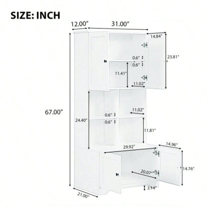 Tall and Wide Bathroom Floor Storage Cabinet, Bathroom Storage Unit, Freestanding Cabinet with 4 Doors, Adjustable Shelves, Open multi - layer Shelves, White