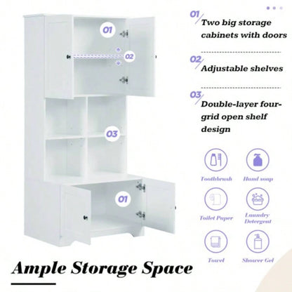 Tall and Wide Bathroom Floor Storage Cabinet, Bathroom Storage Unit, Freestanding Cabinet with 4 Doors, Adjustable Shelves, Open multi - layer Shelves, White
