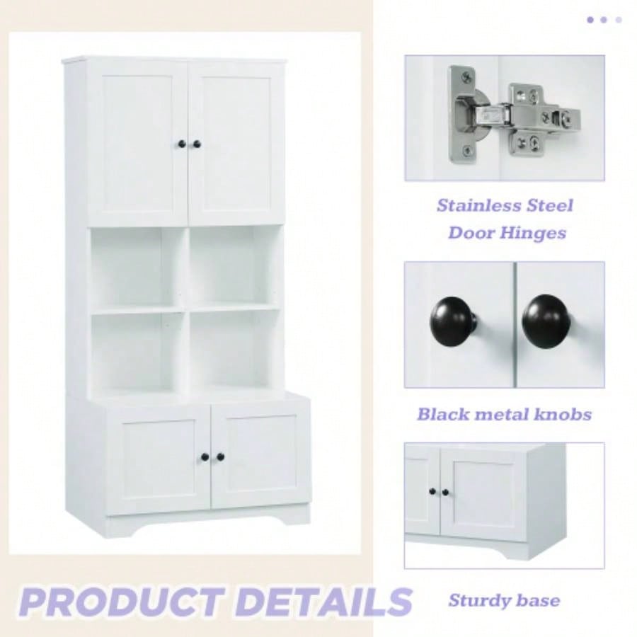 Tall and Wide Bathroom Floor Storage Cabinet, Bathroom Storage Unit, Freestanding Cabinet with 4 Doors, Adjustable Shelves, Open multi - layer Shelves, White