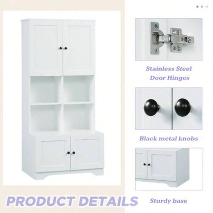 Tall and Wide Bathroom Floor Storage Cabinet, Bathroom Storage Unit, Freestanding Cabinet with 4 Doors, Adjustable Shelves, Open multi - layer Shelves, White