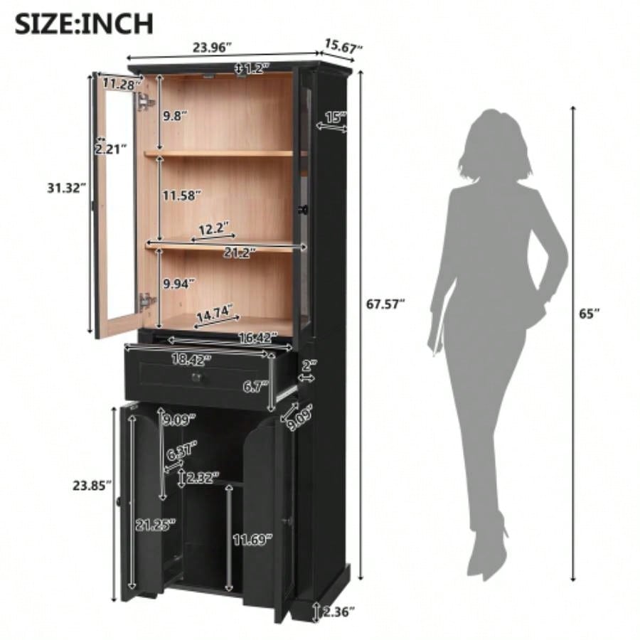 67.2 Tall Bathroom Storage Cabinet with Tempered Glass Doors, Adjustable Shelves Drawer - Modern Freestanding Linen Tower, Soft - Close Design