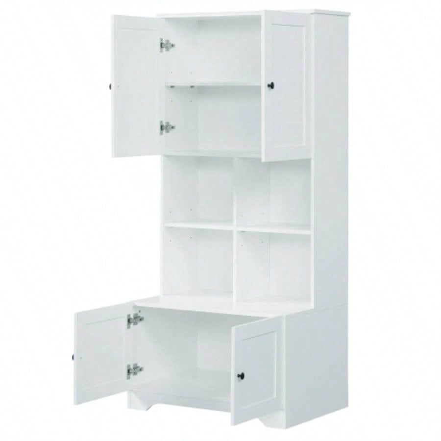 Tall and Wide Bathroom Floor Storage Cabinet, Bathroom Storage Unit, Freestanding Cabinet with 4 Doors, Adjustable Shelves, Open multi - layer Shelves, White