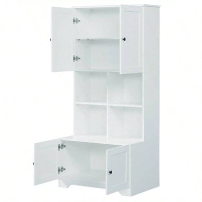 Tall and Wide Bathroom Floor Storage Cabinet, Bathroom Storage Unit, Freestanding Cabinet with 4 Doors, Adjustable Shelves, Open multi - layer Shelves, White