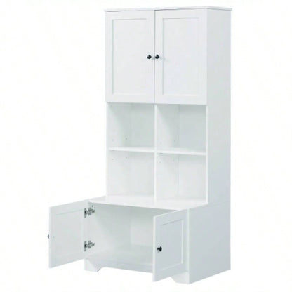 Tall and Wide Bathroom Floor Storage Cabinet, Bathroom Storage Unit, Freestanding Cabinet with 4 Doors, Adjustable Shelves, Open multi - layer Shelves, White