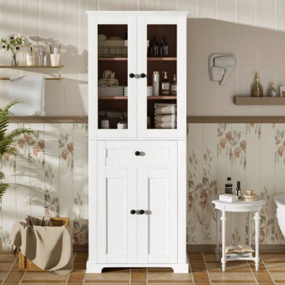 67.2 Tall Bathroom Storage Cabinet with Tempered Glass Doors, Adjustable Shelves Drawer - Modern Freestanding Linen Tower, Soft - Close Design