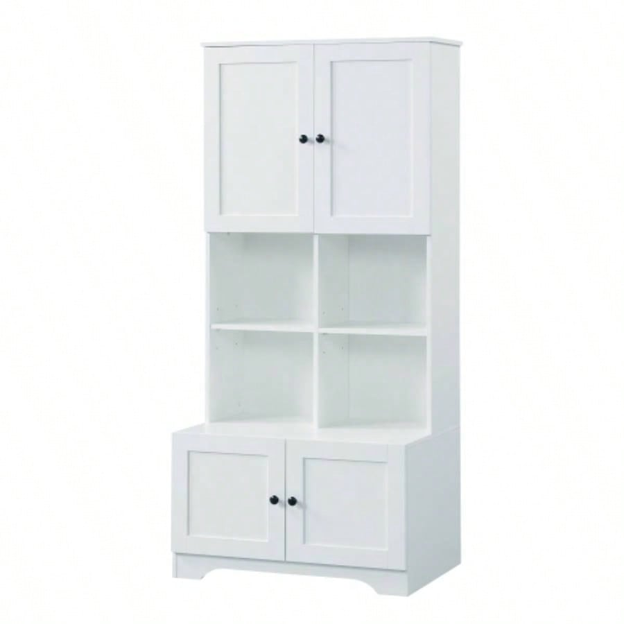Tall and Wide Bathroom Floor Storage Cabinet, Bathroom Storage Unit, Freestanding Cabinet with 4 Doors, Adjustable Shelves, Open multi - layer Shelves, White