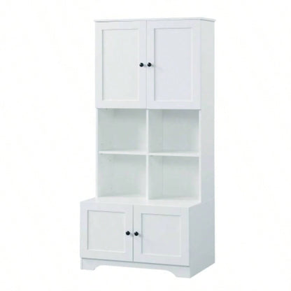 Tall and Wide Bathroom Floor Storage Cabinet, Bathroom Storage Unit, Freestanding Cabinet with 4 Doors, Adjustable Shelves, Open multi - layer Shelves, White