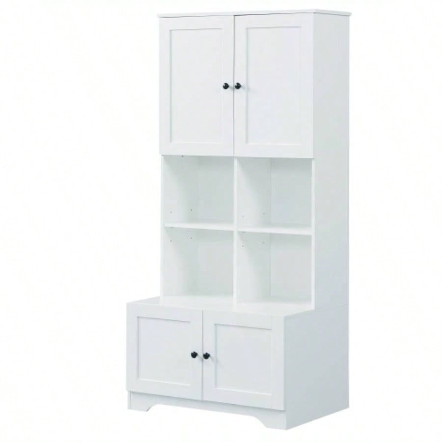 Tall and Wide Bathroom Floor Storage Cabinet, Bathroom Storage Unit, Freestanding Cabinet with 4 Doors, Adjustable Shelves, Open multi - layer Shelves, White