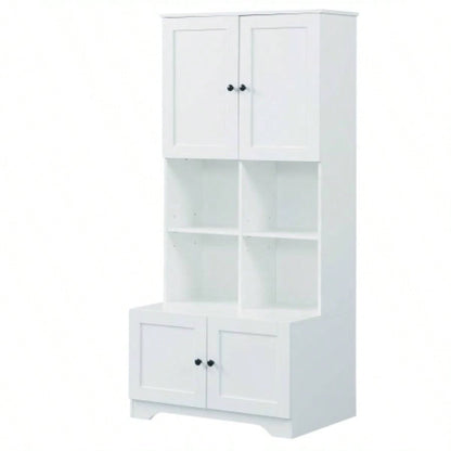 Tall and Wide Bathroom Floor Storage Cabinet, Bathroom Storage Unit, Freestanding Cabinet with 4 Doors, Adjustable Shelves, Open multi - layer Shelves, White