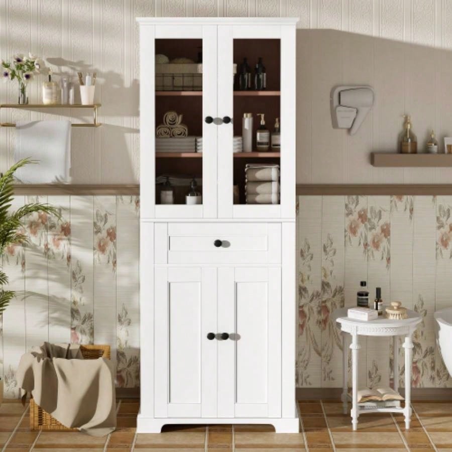 67.2 Tall Bathroom Storage Cabinet with Tempered Glass Doors, Adjustable Shelves Drawer - Modern Freestanding Linen Tower, Soft - Close Design