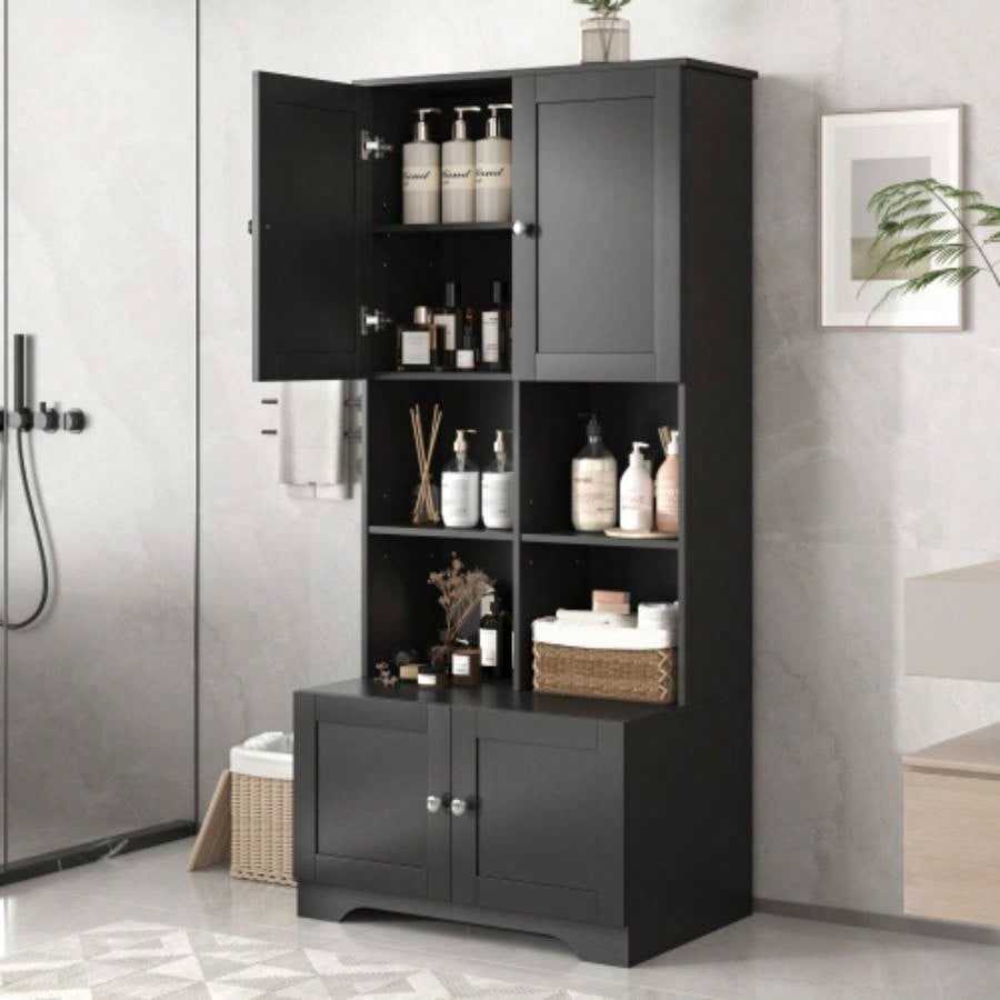 Tall and Wide Bathroom Floor Storage Cabinet, Bathroom Storage Unit, Freestanding Cabinet with 4 Doors, Adjustable Shelves, Open multi - layer Shelves, White