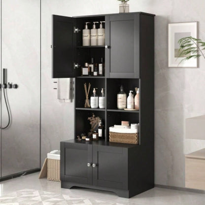 Tall and Wide Bathroom Floor Storage Cabinet, Bathroom Storage Unit, Freestanding Cabinet with 4 Doors, Adjustable Shelves, Open multi - layer Shelves, White