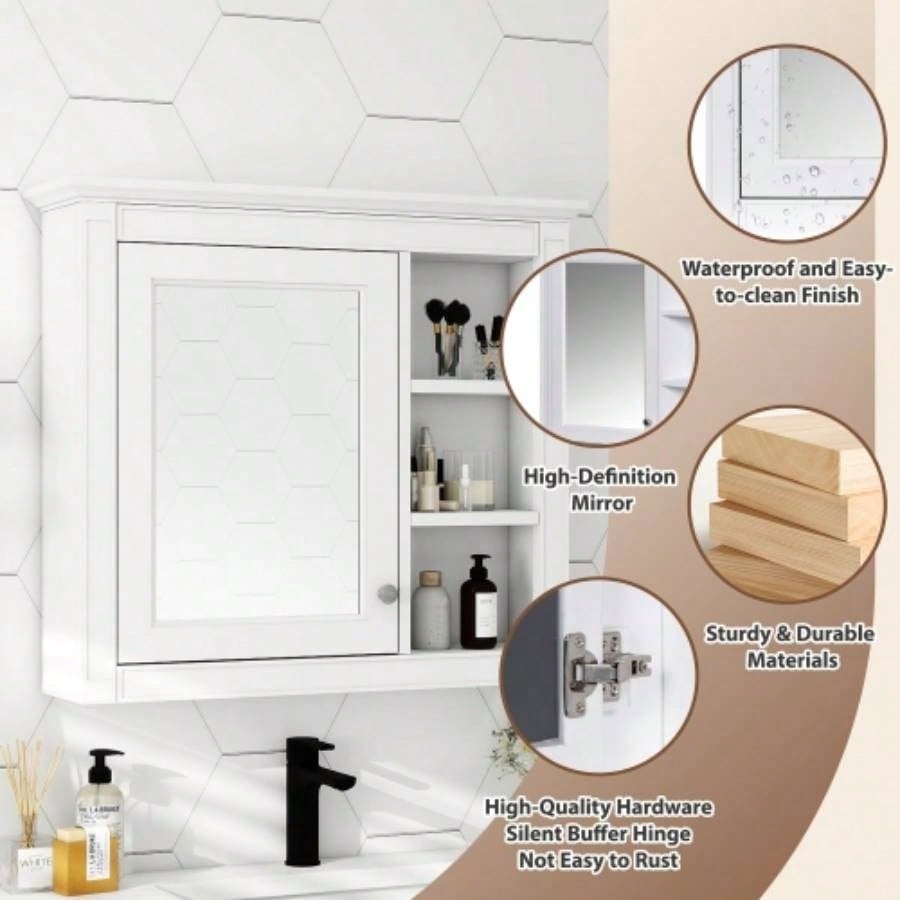 30x 28 Medicine Cabinet, Wall Mounted Bathroom Storage Cabinet, Modern Bathroom Wall Cabinet with Mirror, Medicine Cabinet, Mirror Cabinet with 3 Open Shelves Not Include Bathroom Vanity