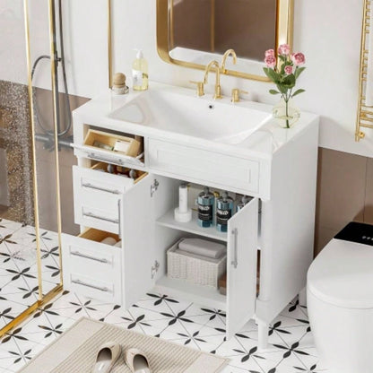 36 Bathroom Vanity without Sink, Freestanding Bathroom Storage Cabinet with 2 Drawers and a Tip - out Drawer, Solid Wood Frame Vanity Only, Height Adjustable Shelf NOT INCLUDE SINK