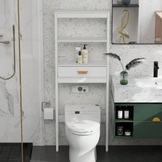 Over - Toilet Storage Cabinet White with one Drawer and 2 Shelves Space Saver Bathroom Rack