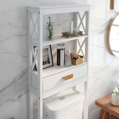 Over - Toilet Storage Cabinet White with one Drawer and 2 Shelves Space Saver Bathroom Rack
