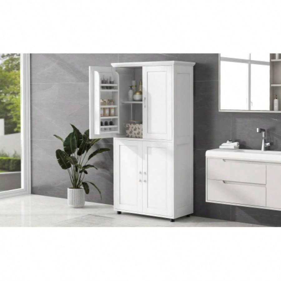 Tall and Wide Bathroom Floor Storage Cabinet, Bathroom Storage Unit, Freestanding Cabinet with 4 Doors, Adjustable Shelves, White
