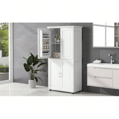 Tall and Wide Bathroom Floor Storage Cabinet, Bathroom Storage Unit, Freestanding Cabinet with 4 Doors, Adjustable Shelves, White