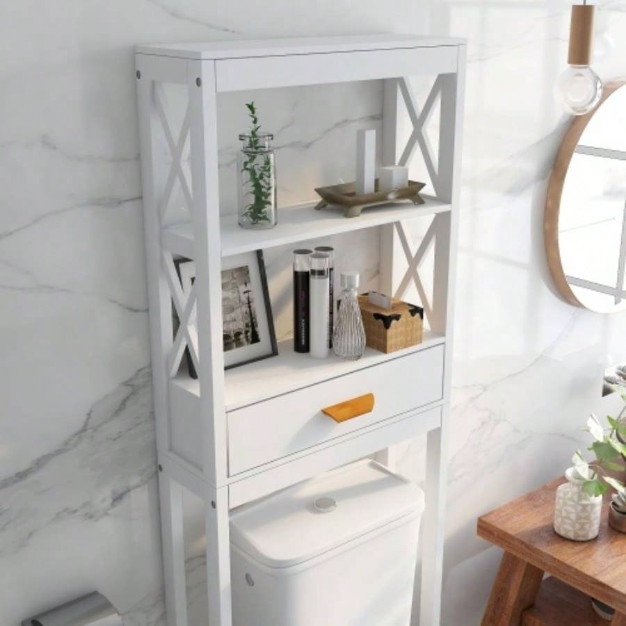Over - Toilet Storage Cabinet White with one Drawer and 2 Shelves Space Saver Bathroom Rack
