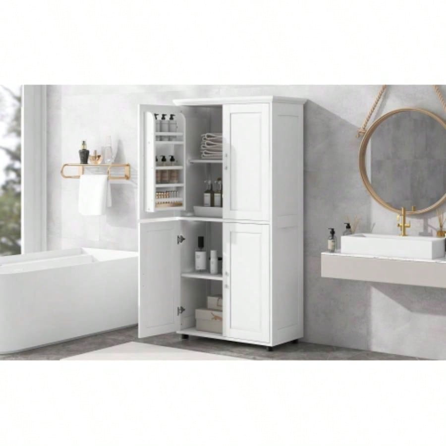 Tall and Wide Bathroom Floor Storage Cabinet, Bathroom Storage Unit, Freestanding Cabinet with 4 Doors, Adjustable Shelves, White