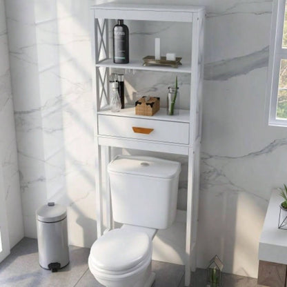 Over - Toilet Storage Cabinet White with one Drawer and 2 Shelves Space Saver Bathroom Rack