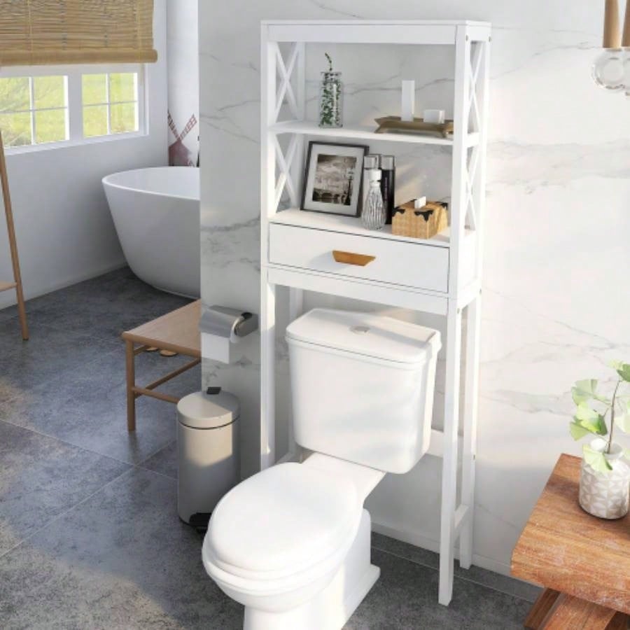 Over - Toilet Storage Cabinet White with one Drawer and 2 Shelves Space Saver Bathroom Rack