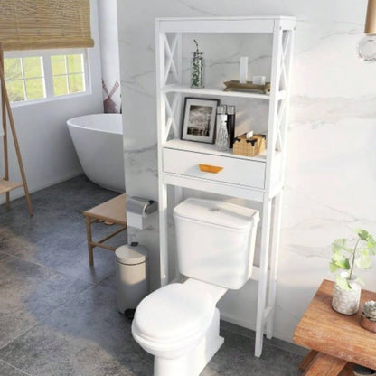 Over - Toilet Storage Cabinet White with one Drawer and 2 Shelves Space Saver Bathroom Rack