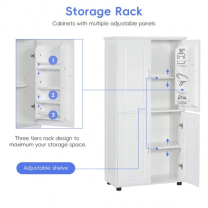 Tall and Wide Bathroom Floor Storage Cabinet, Bathroom Storage Unit, Freestanding Cabinet with 4 Doors, Adjustable Shelves, White