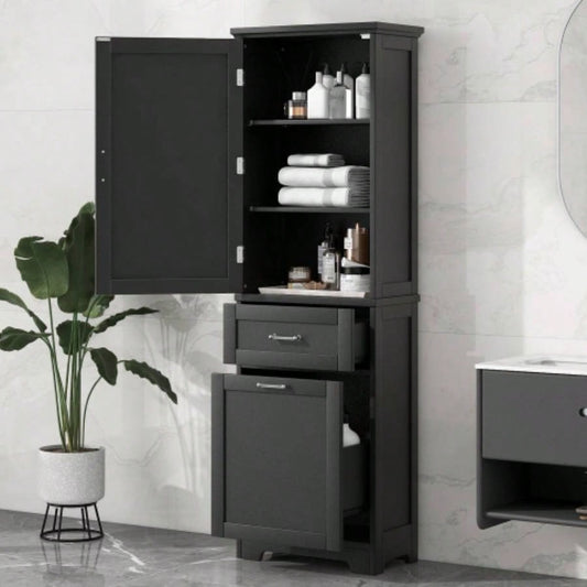 Tall Bathroom Storage Cabinet, Freestanding Storage Cabinet with Two Different Size Drawers and Adjustable Shelf, MDF Board with Painted, Black Old Sku: WF312730AAB