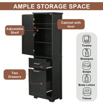 Tall Bathroom Storage Cabinet, Freestanding Storage Cabinet with Two Different Size Drawers and Adjustable Shelf, MDF Board with Painted, Black Old Sku: WF312730AAB