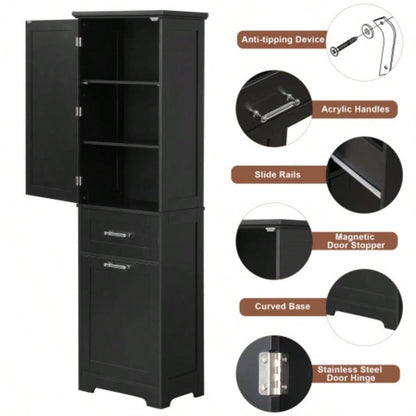 Tall Bathroom Storage Cabinet, Freestanding Storage Cabinet with Two Different Size Drawers and Adjustable Shelf, MDF Board with Painted, Black Old Sku: WF312730AAB