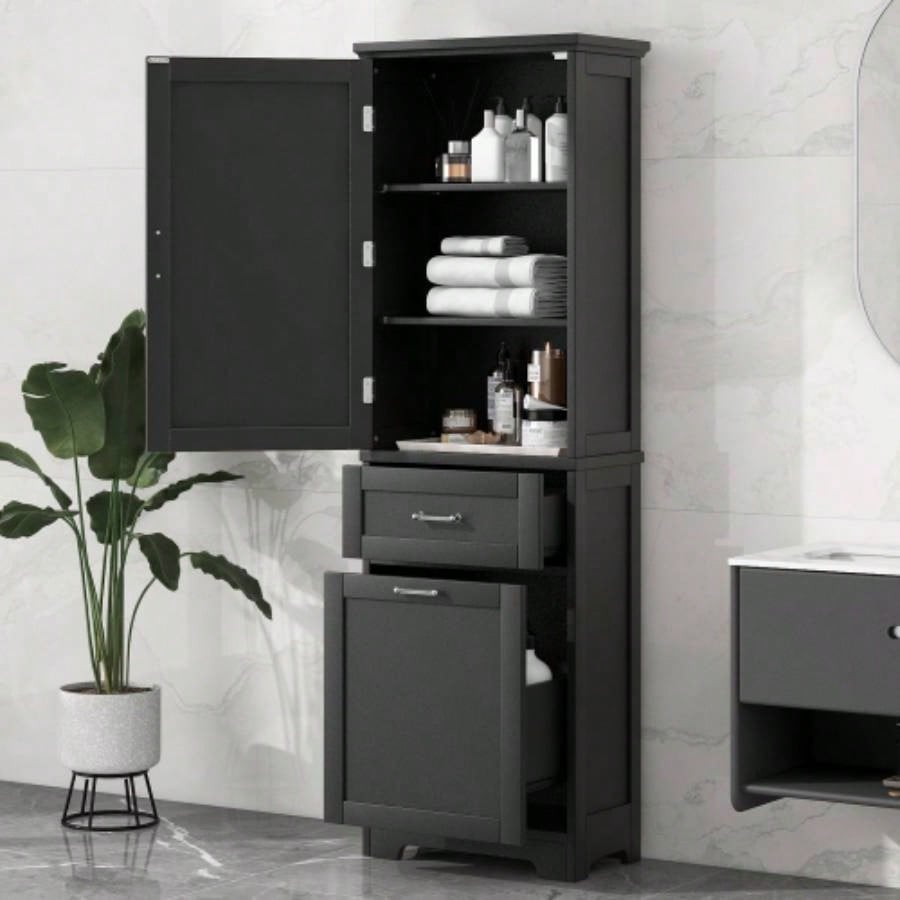Tall Bathroom Storage Cabinet, Freestanding Storage Cabinet with Two Different Size Drawers and Adjustable Shelf, MDF Board with Painted, Black Old Sku: WF312730AAB