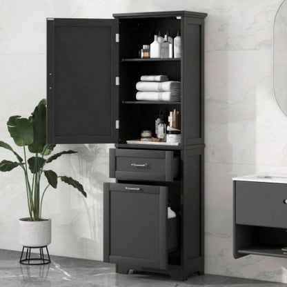 Tall Bathroom Storage Cabinet, Freestanding Storage Cabinet with Two Different Size Drawers and Adjustable Shelf, MDF Board with Painted, Black Old Sku: WF312730AAB