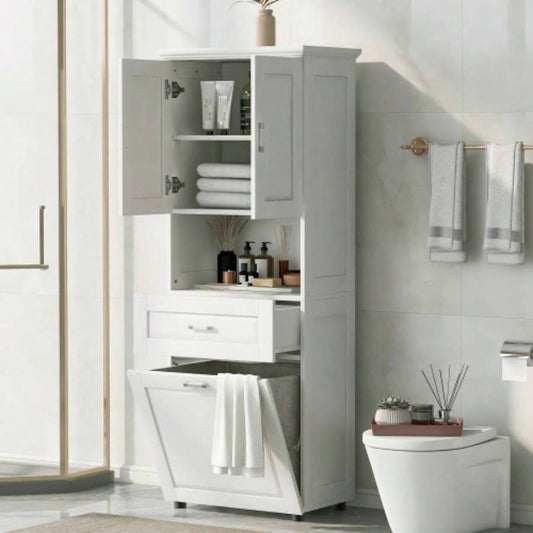 Tall Bathroom Cabinet with Laundry Basket, Large Storage Space Tilt - Out Laundry Hamper and Upper Storage Cabinet, White