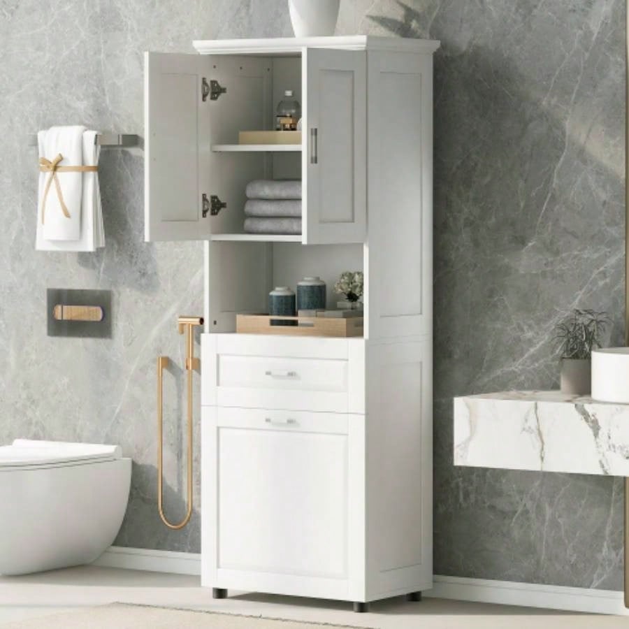 Tall Bathroom Cabinet with Laundry Basket, Large Storage Space Tilt - Out Laundry Hamper and Upper Storage Cabinet, White