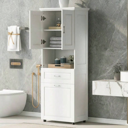 Tall Bathroom Cabinet with Laundry Basket, Large Storage Space Tilt - Out Laundry Hamper and Upper Storage Cabinet, White