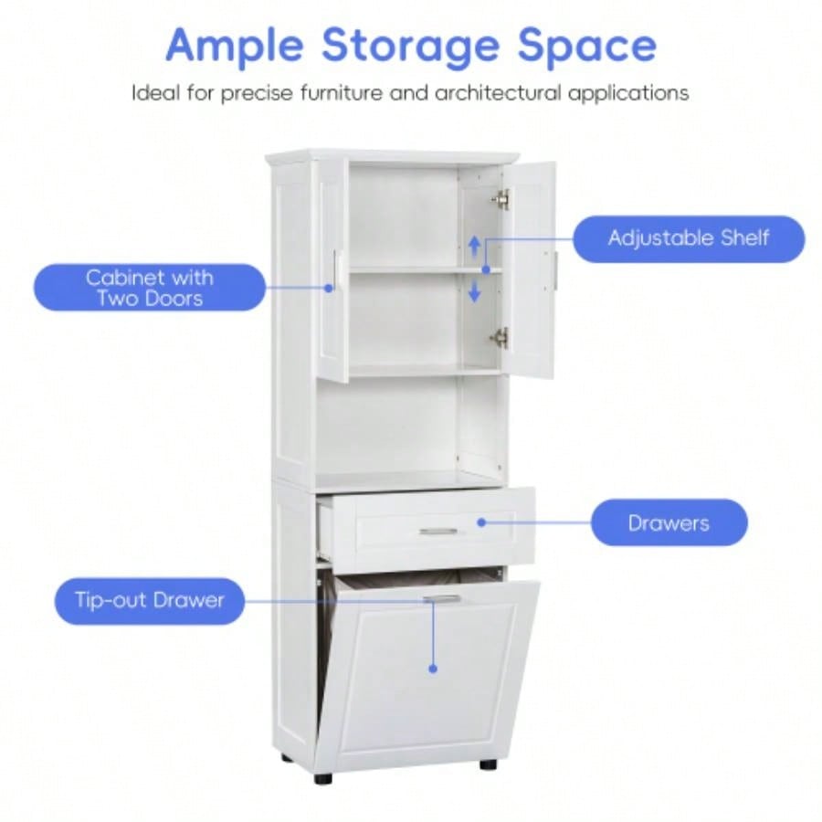 Tall Bathroom Cabinet with Laundry Basket, Large Storage Space Tilt - Out Laundry Hamper and Upper Storage Cabinet, White