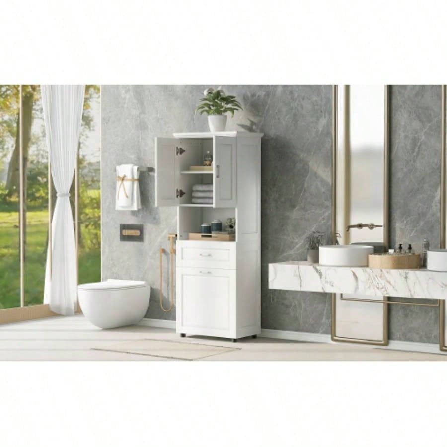 Tall Bathroom Cabinet with Laundry Basket, Large Storage Space Tilt - Out Laundry Hamper and Upper Storage Cabinet, White