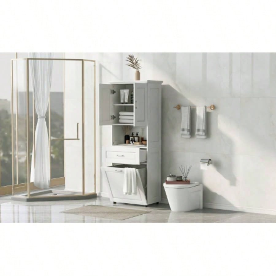 Tall Bathroom Cabinet with Laundry Basket, Large Storage Space Tilt - Out Laundry Hamper and Upper Storage Cabinet, White