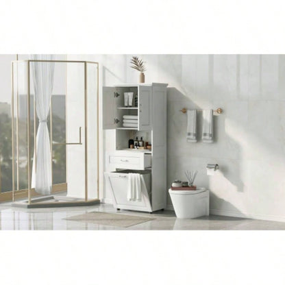 Tall Bathroom Cabinet with Laundry Basket, Large Storage Space Tilt - Out Laundry Hamper and Upper Storage Cabinet, White