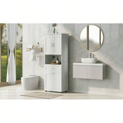 Tall Bathroom Cabinet with Laundry Basket, Large Storage Space Tilt - Out Laundry Hamper and Upper Storage Cabinet, White